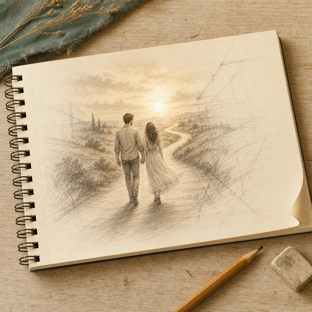 An artist's sketchbook open on a wooden table, with a pencil and eraser nearby, showing a partially completed sketch of a couple walking hand in hand toward a warm horizon, with subtle blueprint drafting lines suggesting intentional design