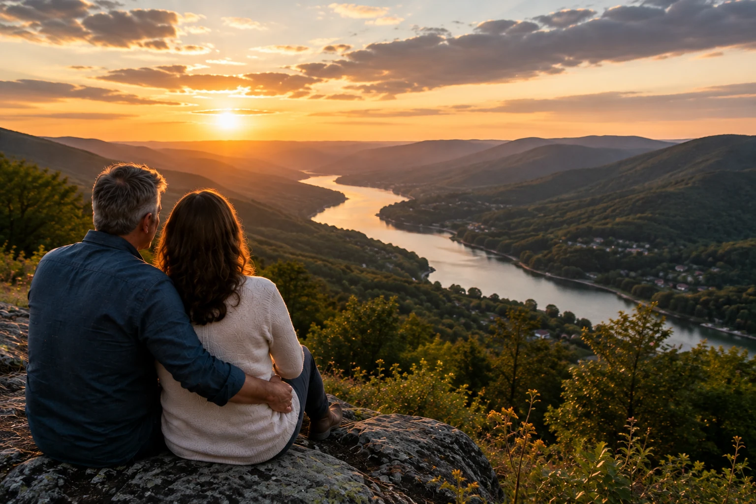 A couple sitting together on a hilltop, looking out over a river valley at sunset