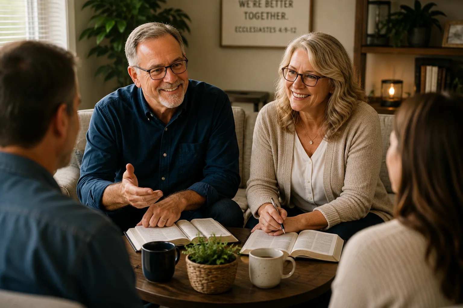 Cliff and Sue sitting with a couple in a living room, talking over open Bibles and coffee