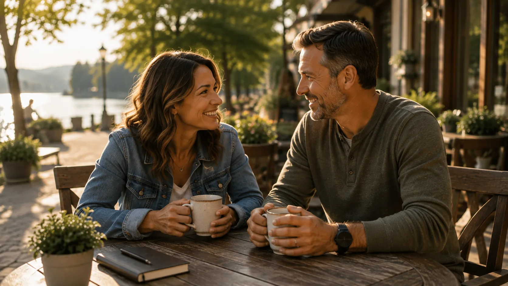 A couple sitting outdoors with coffee, talking and smiling together in warm morning light